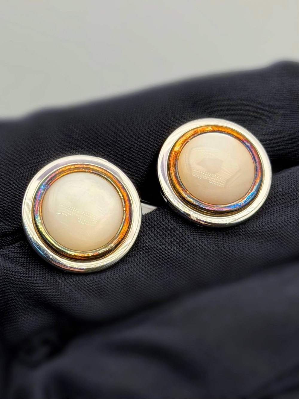Vintage Oxidized 925 Sterling Silver & 14k Yellow Gold Moonstone Unisex Cufflink